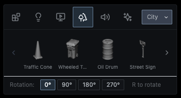RideSim built-in asset browser showing 3D city props and placement controls