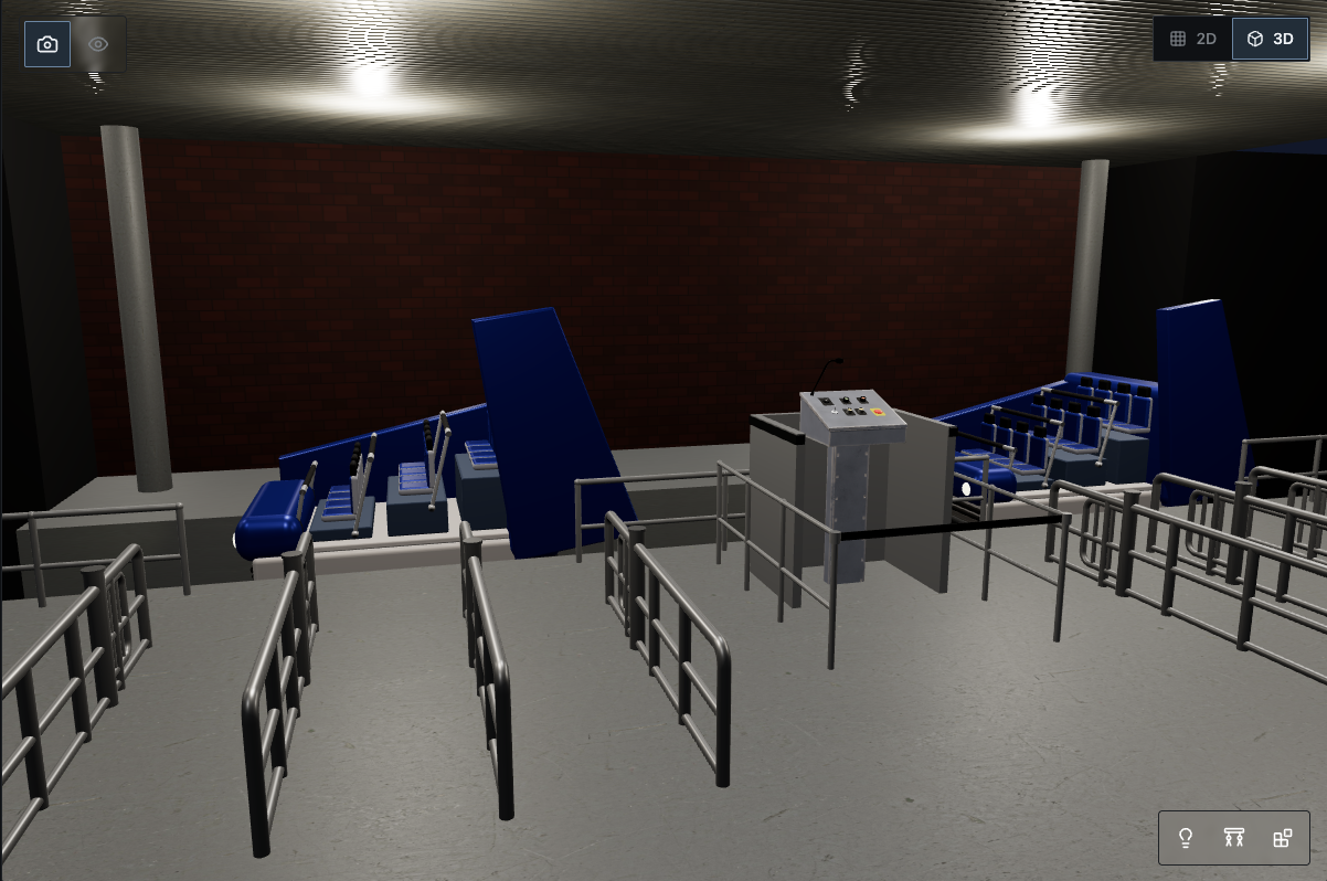 RideSim loading zone preview with ride vehicles, operator console, queue railings, lighting, and scenic walls
