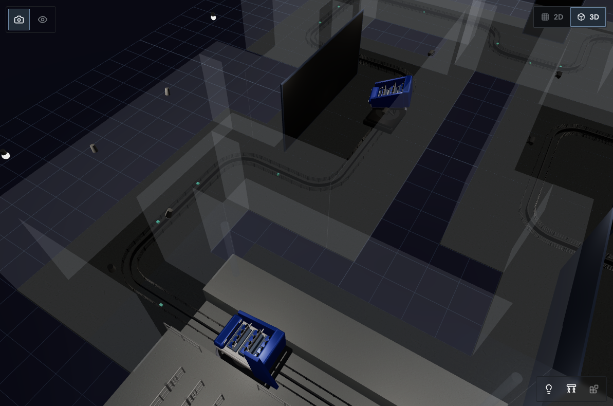 RideSim 3D overview showing a dark ride track, vehicles, scenes and show elements