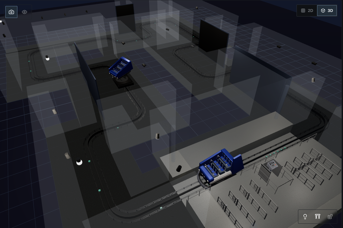 RideSim 3D overview showing the full dark ride track, scene walls, vehicles, and show elements